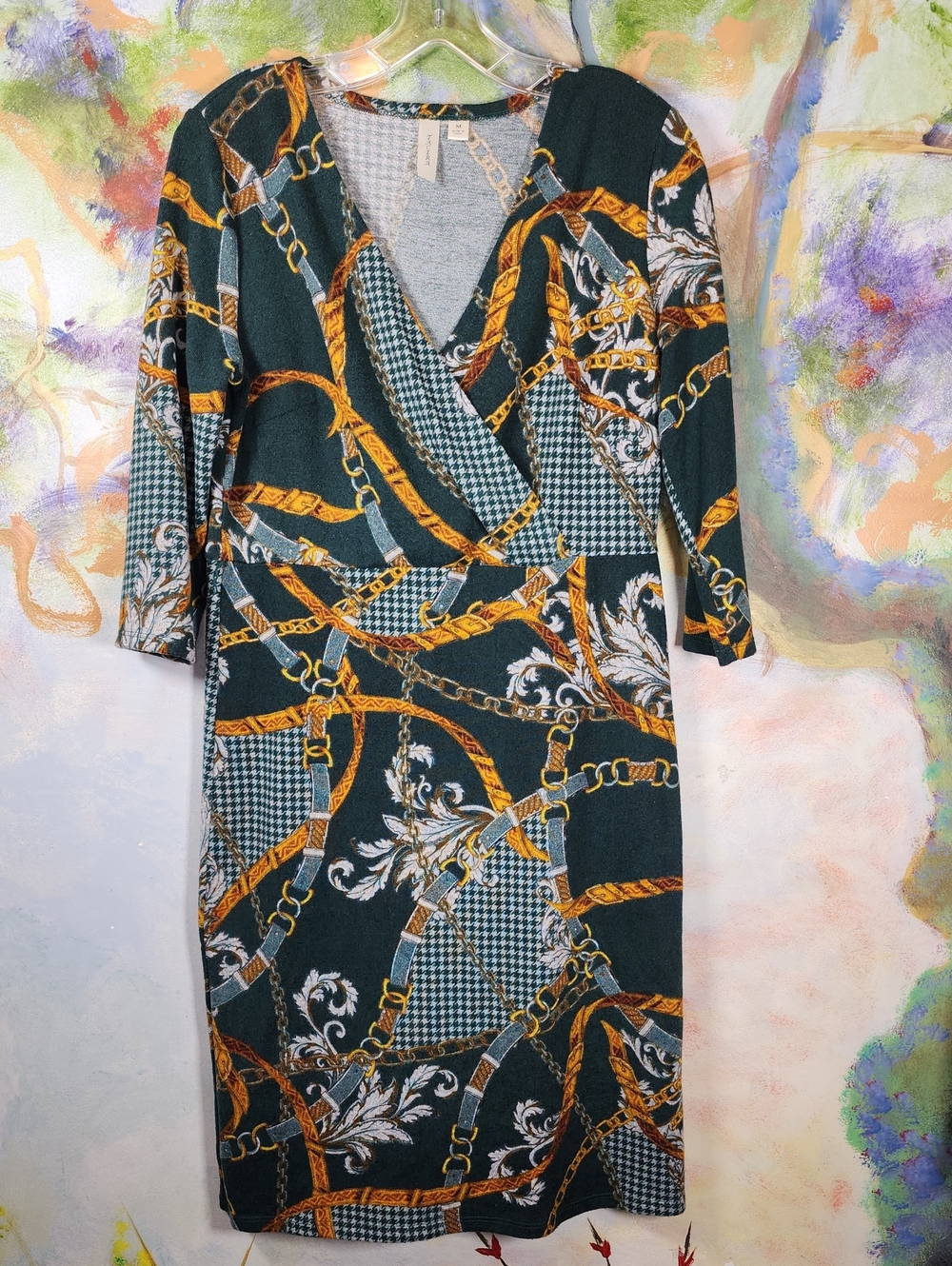 Tacera Dark Green & Gold Chain-Print Wrap Midi Dress
